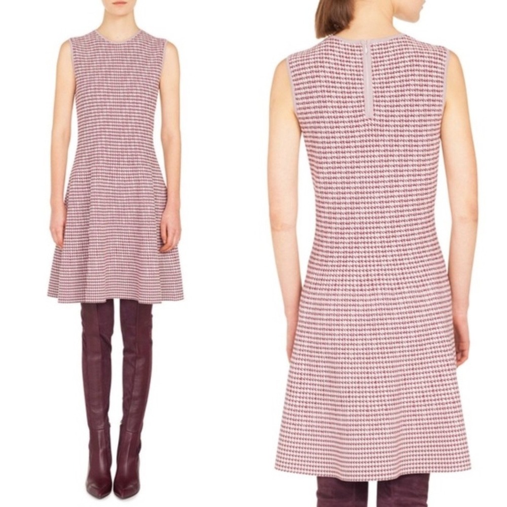Akris Punto Burgundy Pink Houndstooth Knit Fit Flare Dress 10 Quiet Luxury EUC